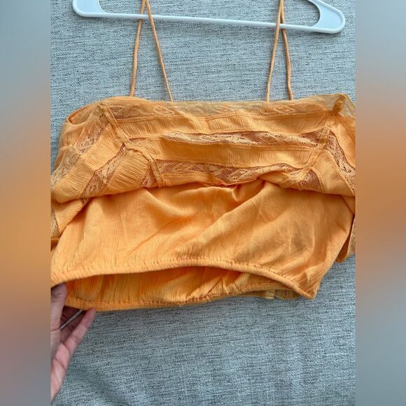NWT Free People Womens Home Again Asymmetric Lace Trim Crop Top Orange Blouse - Picture 8 of 9